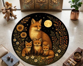 Mondschein Fuchs Familie Teppich, Kinderzimmer Dekor, Forestcore Cottagecore Tierteppich, maschinenwaschbar