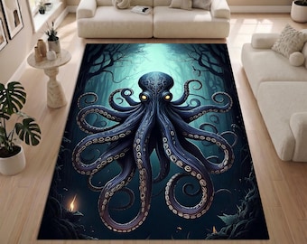 Octopus Rug, Dark Ocean Area Rug, Mystical Sea Creature Carpet, Gothic Marine Decor Rug, Deep Sea Art Rug, Machine Washable Rug