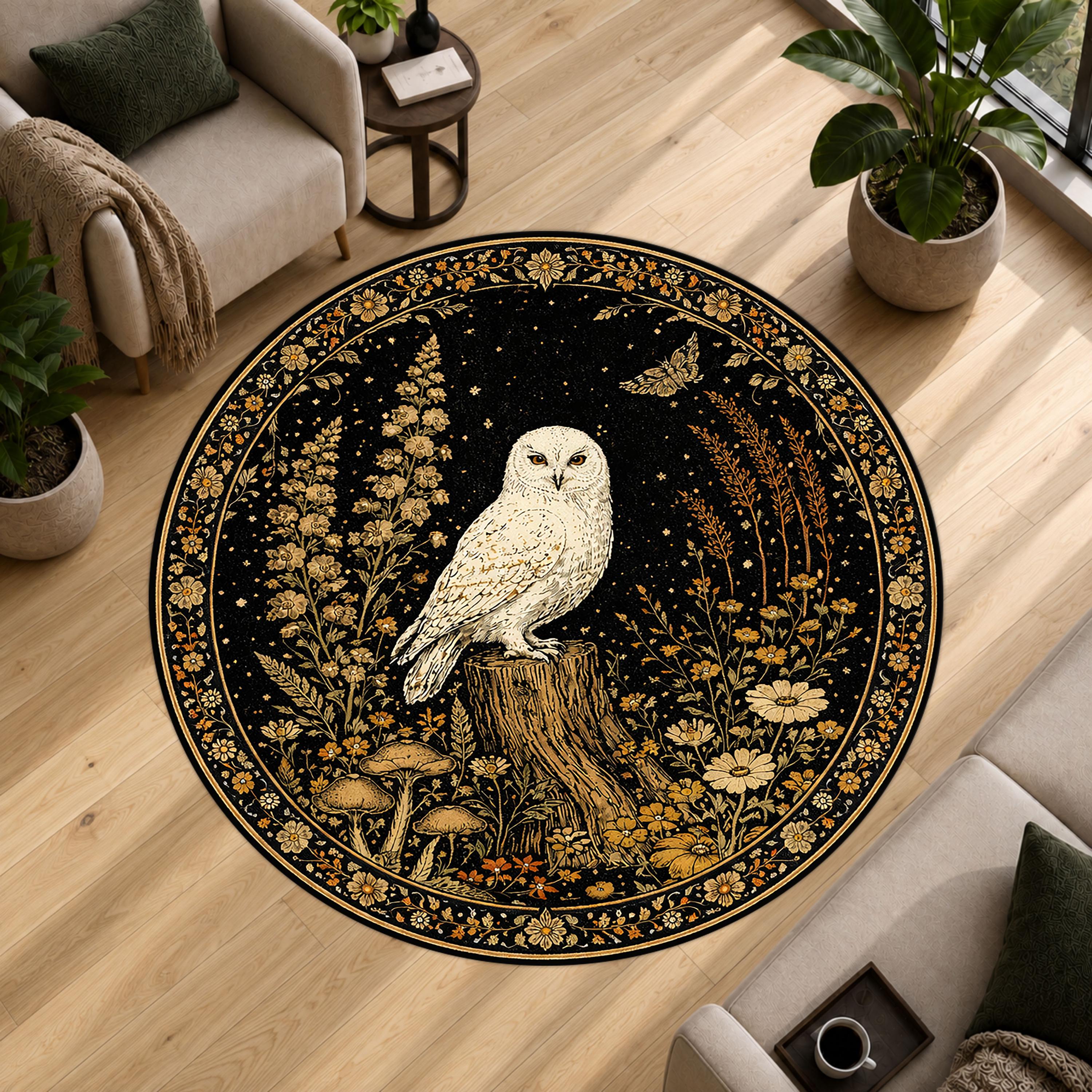 Owl Round Rug, Forest Night Design Carpet, Nature Bird Area Rug, Botanical Circle Decor Rug, Machine