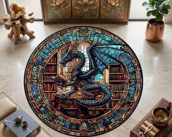 Tappeto rotondo con drago, tappeto fantasy per la lettura, tappeto in stile vetrata, tappeto decorativo magico per amanti dei libri, tappeto lavabile in lavatrice