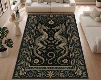 Twin Dragon Rug, Gothic Fantasy Area Rug, Dark Floral Carpet, Mythical Creature Decor, Black Elegant Living Room Rug, Machine Washable Rug