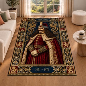 May include: A rectangular area rug featuring a portrait of Vlad Tepes, Voivode of Wallachia. The design includes a central figure in red and gold robes, flanked by golden dragons, with the text Vlad Tepes and the years 1431-1476 on a blue background.