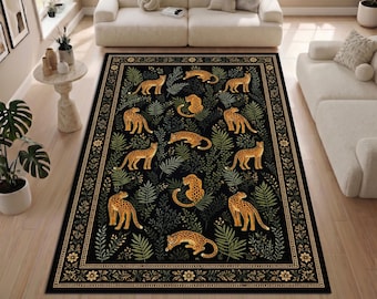 Leopard Jungle Rug, Black Gold Area Rug, Animal Print Carpet, Botanical Living Room Decor, Nature Inspired Bedroom Rug, Machine Washable Rug