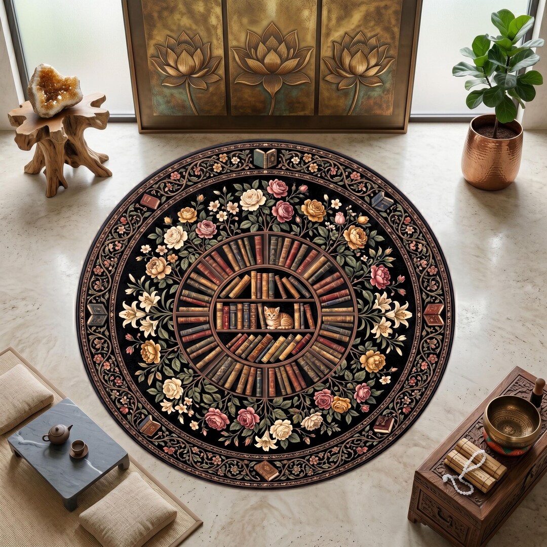 Hidden Library Rug Round Library Rug, Floral Bookshelf Area Rug, Cat Reading Room Carpet ...