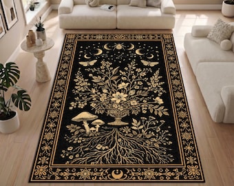 Celestial Botanical Rug, Moon Phase Floral Carpet, Mystical Nature Rug, Black Gold Botanical Living Room Rug, Machine Washable Rug