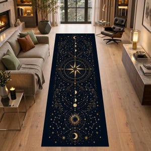 Celestial Compass Runner Rug, Moon Phase Star Map Art Rug, Navy Gold Cosmic Hallway Runner, Elegant Astrology Decor, Machine Washable Rug