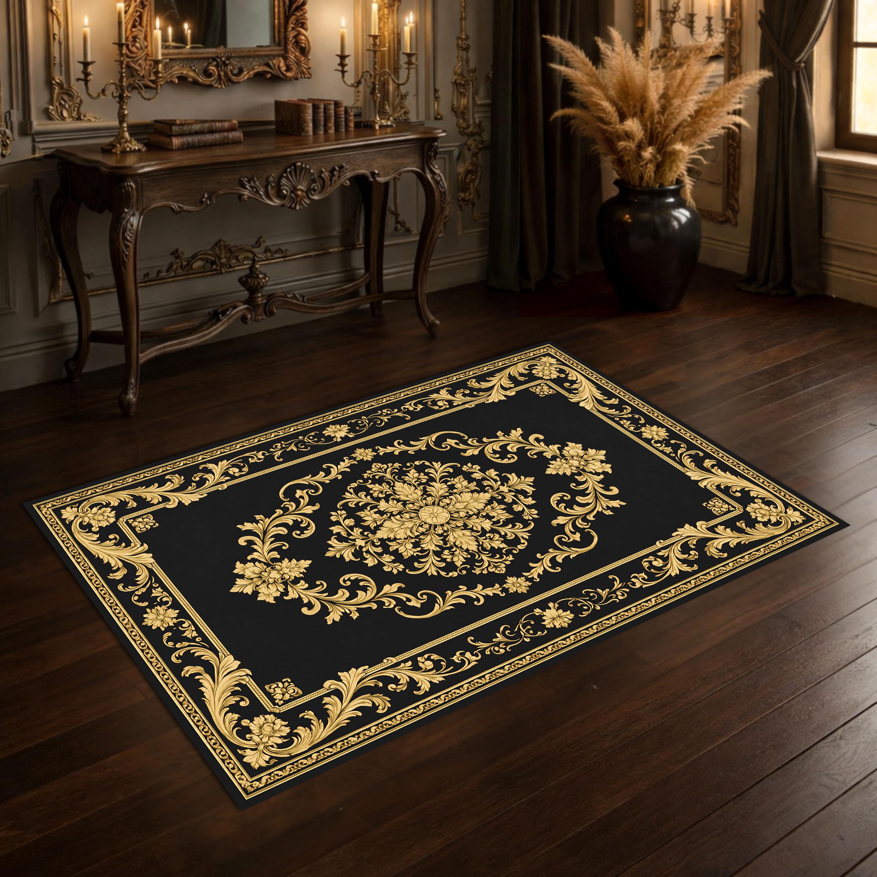 Turkish Pattern Area Rug, Black Gold Ottoman Style Rug, Elegant Baroque ...