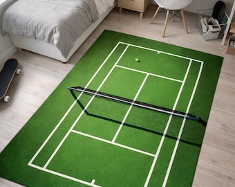 Tennismatta, sportmatta, grön planmatta, dekor för tennisälskare, sportmatta, maskintvättbar matta