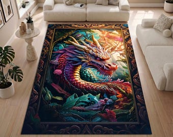 Alfombra de dragón colorida, alfombra de fantasía, alfombra de criatura mítica, alfombra de decoración artística vibrante, alfombra llamativa para sala de estar, alfombra lavable a máquina