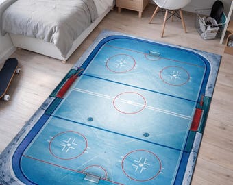 Hockey Rink Rug, Ice Hockey Sports Room Decor, Teen Boy Bedroom Rug, Machine Washable Rug (Non-Slip)