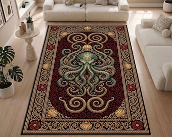 Octopus Rug, Vintage Sea Creature Area Rug, Nautical Gothic Carpet, Red Ornamental Ocean Decor Rug, Antique Style Rug, Machine Washable Rug