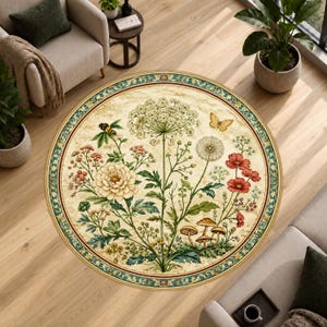 Botanical Wildflower Round Rug, Bee Butterfly Garden Rug, Beige Floral Circle Rug, Cottagecore Area Rug, Machine Washable Rug