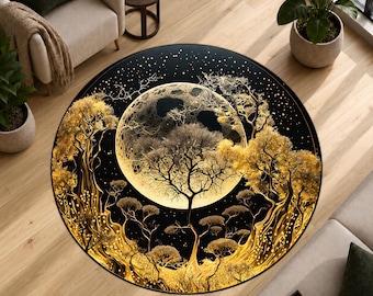 Tapete redondo com fases da lua, tapete com paisagem de árvore dourada, decoração celestial do céu noturno, tapete circular místico para sala de estar, tapete lavável à máquina.