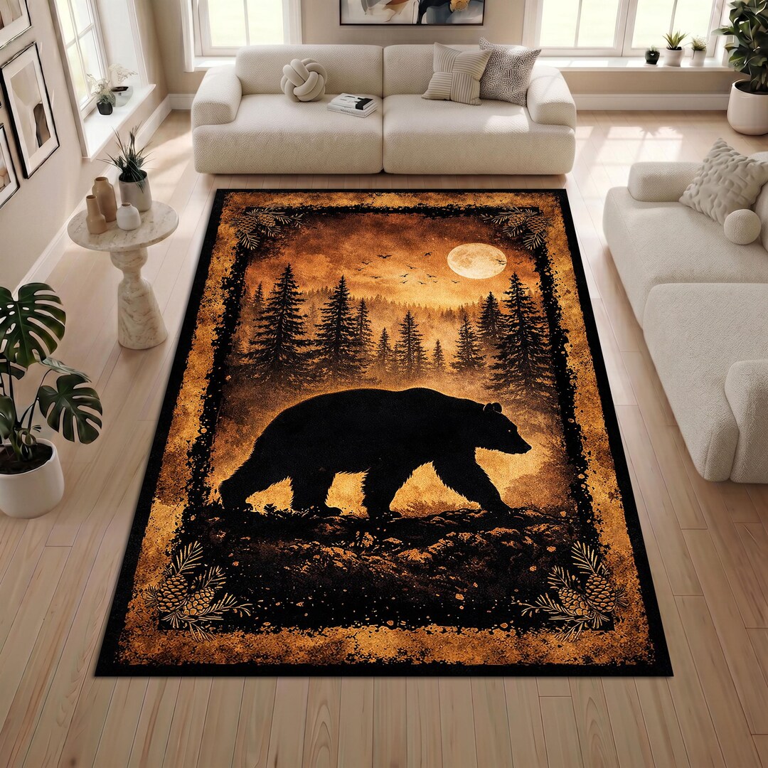 Bear Silhouette Area Rug, Forest Night Scene Carpet, Rustic Cabin Decor ...
