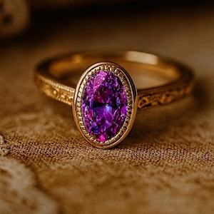 May include: A gold ring with an oval, deep purple gemstone. The ring has an ornate, engraved band and a detailed bezel setting. The gemstone is the focal point, showcasing a rich, vibrant color.