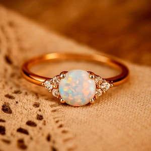 Anillo de ópalo en oro macizo de 14 k / Anillo con piedra natal de octubre / Anillo de compromiso de ópalo delicado / Anillo de promesa de ópalo redondo / Regalo de plata 925 o oro para ella