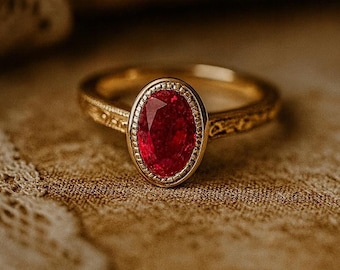 Oval Cut gravierter roter Rubin Verlobungsring 14k Gelbgold Viktorianischer Ring Bezel Rubin Ehering Vintage Versprechen Ring für Sie