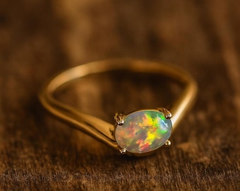 Opal Gold Ring,Dainty Opal Engagement Ring,14k Gold Promise Ring, October Birthstone Ring,Minimalist Opal Ring,Handmade Jewelry Gift for Her