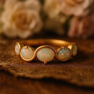 May include: A gold ring with five oval opals. The opals are a milky white with flashes of colour. The ring's band is smooth, polished gold. The ring is set against a blurred background of flowers.