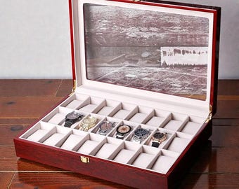 Luxury 24 Slot Watch Box Piano Finish | High Gloss Mahogany Wood Presentation Case, Timeless 24 Slot Watch Storage Box