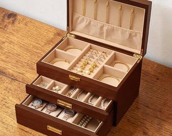 Joyero de lujo de madera de nogal con 3 niveles / Gran cofre de madera para joyas con herrajes dorados / Organizador multinivel para relojes y accesorios /