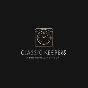 May include: A logo on a black background features a gold-colored watch face inside a square outline. The text "CLASSIC KEEPERS" is in silver, with "A PREMIUM WATCH BOX" below it.