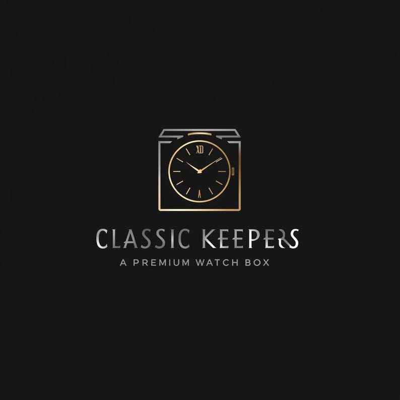 May include: A logo on a black background features a gold-colored watch face inside a square outline. The text "CLASSIC KEEPERS" is in silver, with "A PREMIUM WATCH BOX" below it.