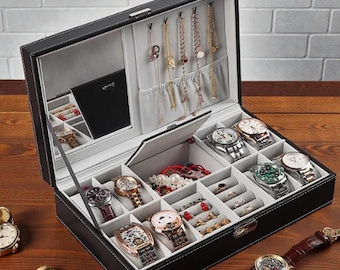 Vitrina para relojes de piel sintética, organizador de gran capacidad, mueble para guardar relojes con tapa transparente.