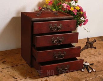 Vintage Wooden Jewelry Box with 4 Drawers | Antique Style Desktop Organizer | Distressed Dark Red Jewelry Chest with Ornate Handles