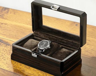Luxury Wooden Watch Box for 3 Watches | Premium High-Gloss Piano Finish Watch Organizer | Glass Top Display Case with Metal Lock