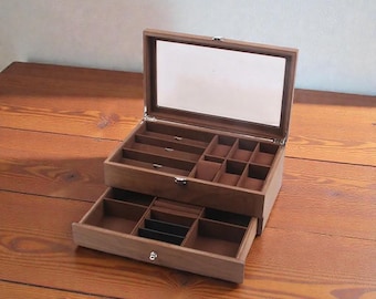 Walnut Wooden Watch and Jewelry Box | 2 Tier Organizer with Drawer, Wooden Watch Organizer, Glass Top Accessory Organizer