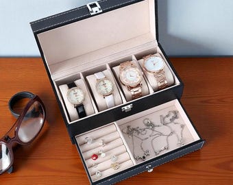 Caja para relojes de hombre con cajón – Organizador de 4 relojes, estuche de exhibición estilo carbono en piel, almacenamiento para joyas y accesorios