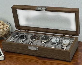 Luxury Wooden Watch Box for 6 Watches | Elegant Watch Organizer with Glass Display Top | Modern Watch Case for Men