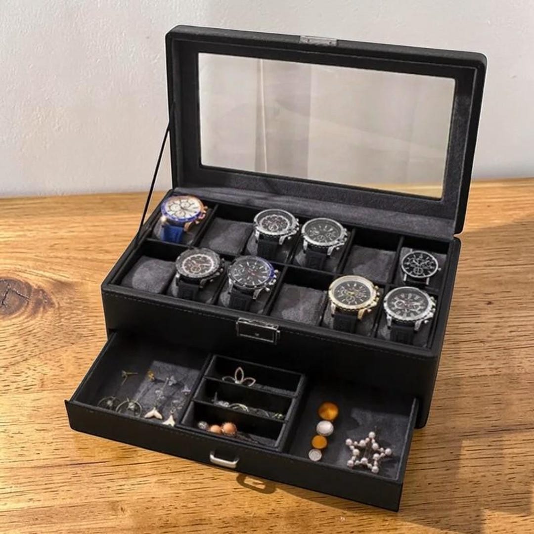 Luxury Wooden Watch Box Organizer With Jewelry Drawer | Premium Black ...