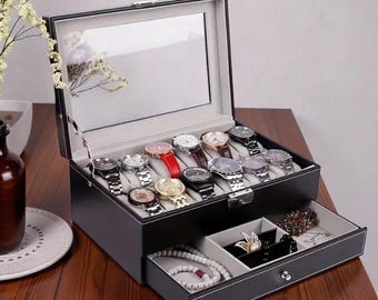 Watch and Jewelry Organizer Box for Men | 12 Slot Leather Watch Case with Drawer, Leather Watch Box with Jewelry Compartment