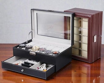 Deluxe Watch Box with Mirror & Drawer | Black/Brown Leather Look Display for 12 Timepieces | Jewelry and Accessories Organizer