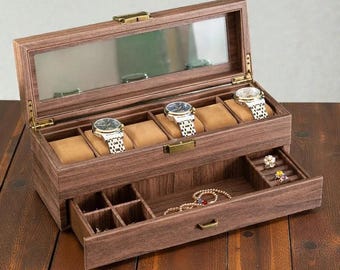 Luxury Wooden Watch Box with Jewelry Drawer | 6 or 12 Slot Watch Organizer for Men | Rustic Walnut Watch Storage Box