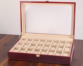 Extra Large 24 Slot Wooden Watch Box, 24 Slot High-Gloss Wooden Watch Display Case | Glass Top Exhibition Organizer