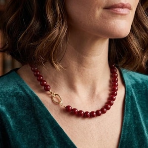 Dark Red Agate Bead Choker | Burgundy Stone Necklace | Gold Toggle Clasp | Statement Jewelry