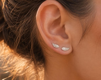 Tiny Angel Wing Earrings, Silver Feather Studs, Dainty Minimalist Earrings, Cute Small Studs, Memorial Gift, Bridesmaid Gift