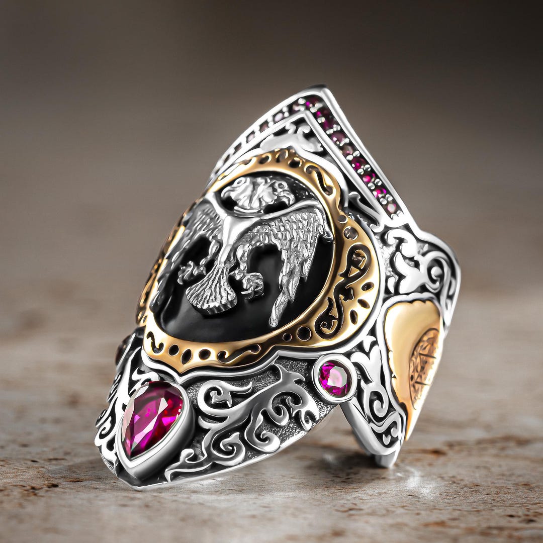 Adjustable Ring 925 Sterling Silver Adjsutable 3D Double Eagle Motif ...