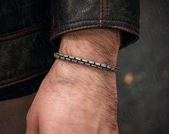 925 Sterling Silver Men’s Retro Box Chain Bracelet – Oxidized Finish, Classic Handmade Link Design