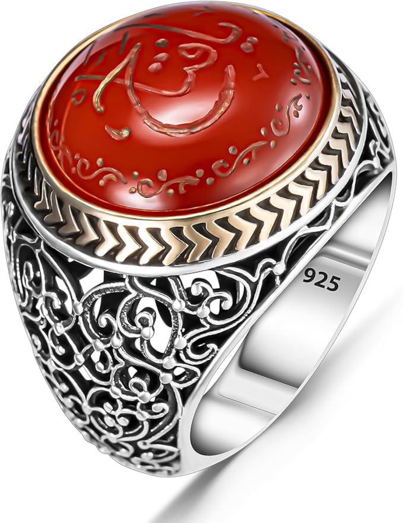 Islamic Rings Stone Names 925 Sterling Silver Islamic Ring: Red Agate Stone, Arabic Calligraphy ...