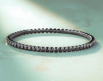 925 Sterling Silver Black Zircon Stone Spinel Tennis Bracelet for Men – Elastic Stretch Design, Handmade Gemstone Jewelry Gift