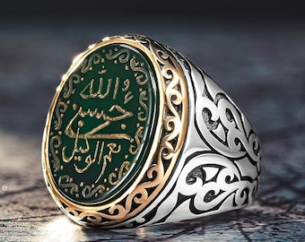 Anel Hasbi Allah em Prata de Lei 925: Ágata Verde com Caligrafia Árabe Islâmica