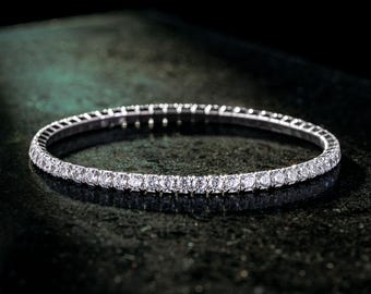 925 Sterling Silver White CZ Tennis Bracelet for Men – Stretch Elastic Design, Handmade Luxury Gift Jewelry