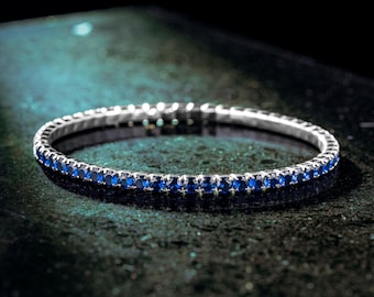 925 Sterling Silver Blue CZ Tennis Bracelet for Men – Stretch Elastic Design, Sapphire Color Cubic Zirconia, Handmade Jewelry Gift