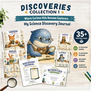 May include: A printable science discovery journal collection featuring a blue whale character with glasses and a magnifying glass, including pages about Faraday the fox, Pascal the rabbit, Newton the owl, Archimedes the penguin, and a scientist certificate.