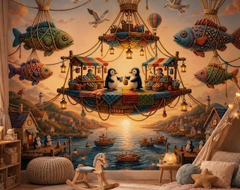 Murale da parete "Mercato del pesce con palloncini", carta da parati per cameretta a tema fiabesco, decorazione fantasiosa per la stanza dei bambini.
