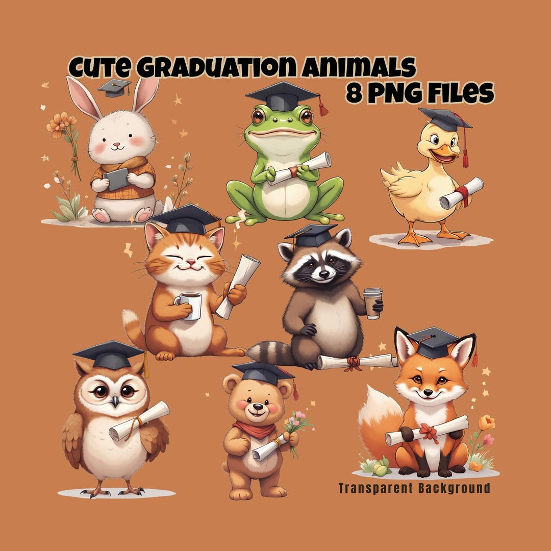 Graduation Animal Clipart Bundle, Transparent PNG Files, Sublimation ...